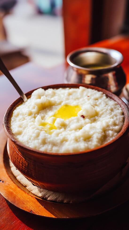 Creamy Rice Porridge in Clay Bowl Close Up Food Photography. photo