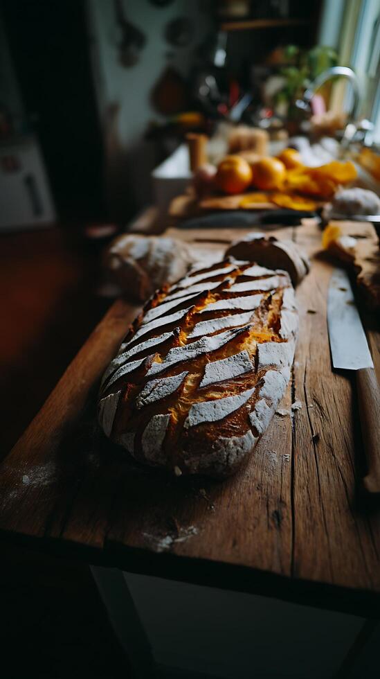 Artisan Bread on Rustic Wooden Table Close Up of Golden Crust and Flour Dust. photo
