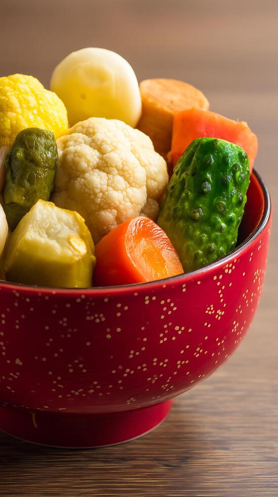 Bowl of Pickled Vegetables Close Up of Colorful and Delicious Homemade Pickles. photo