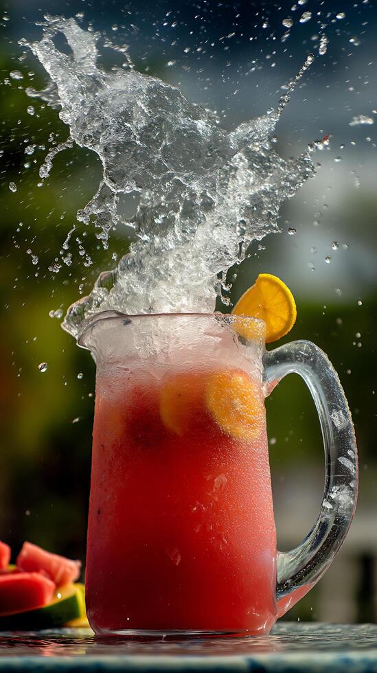 Refreshing Watermelon Drink Splash in a Pitcher. A vibrant image of a pitcher of watermelon juice with a splash of water, garnished with orange slices. photo