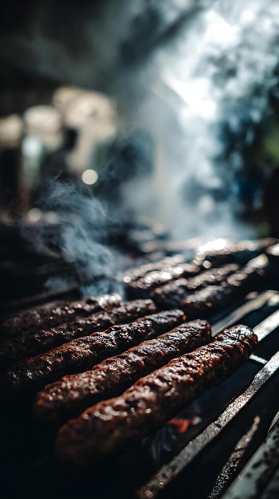 Close Up of Delicious Grilled Kebabs Smoking on a Barbecue Grill. photo