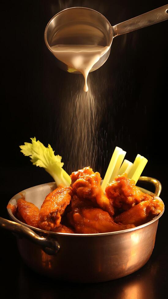 Delicious Buffalo Wings with Creamy Sauce Drizzle. A close up image of hot, spicy chicken wings being generously coated with a creamy sauce. photo