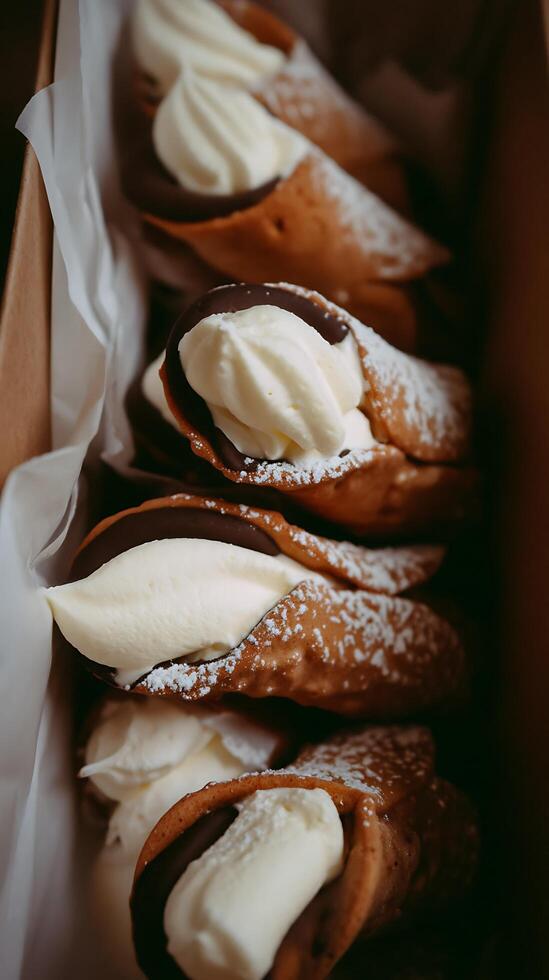 Close Up of Delicious Cannoli in a Box, Sweet Pastry Treat. photo