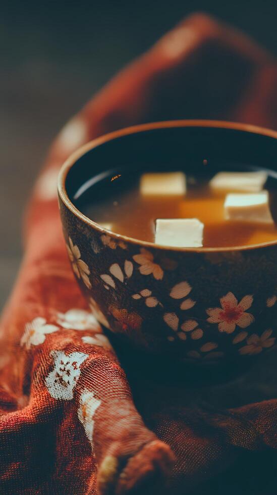 Close up of Miso Soup in a Decorative Bowl. A warm and comforting image perfect for blogs, websites, or cookbooks. photo