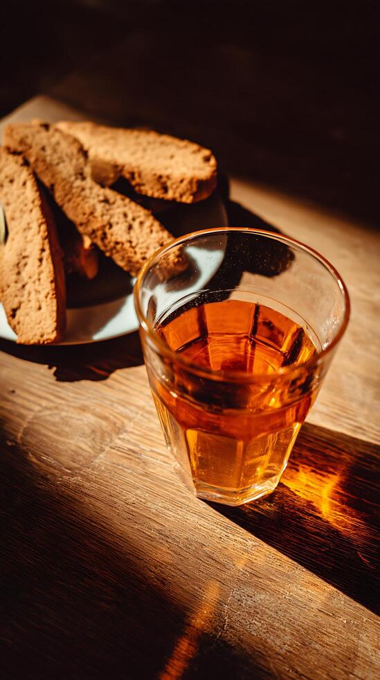 A glass of amber liquid sits next to a plate of biscotti on a wooden table, bathed in warm sunlight. photo