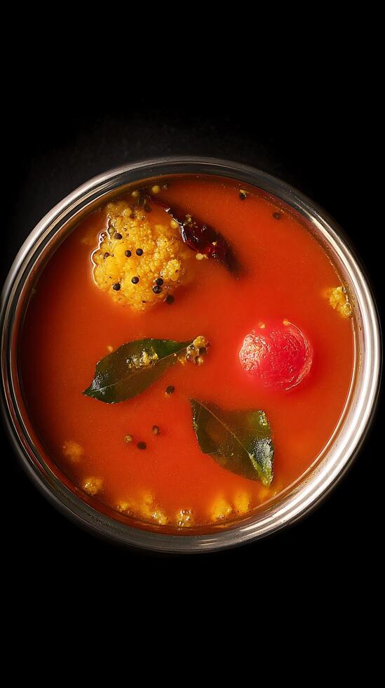 Top view of a bowl of delicious, vibrant red South Indian tomato soup, garnished with spices and herbs. photo