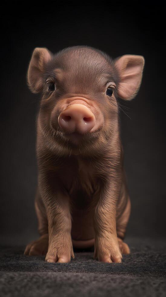 Adorable Baby Piglet Portrait Close Up of a Cute Brown Pig. photo