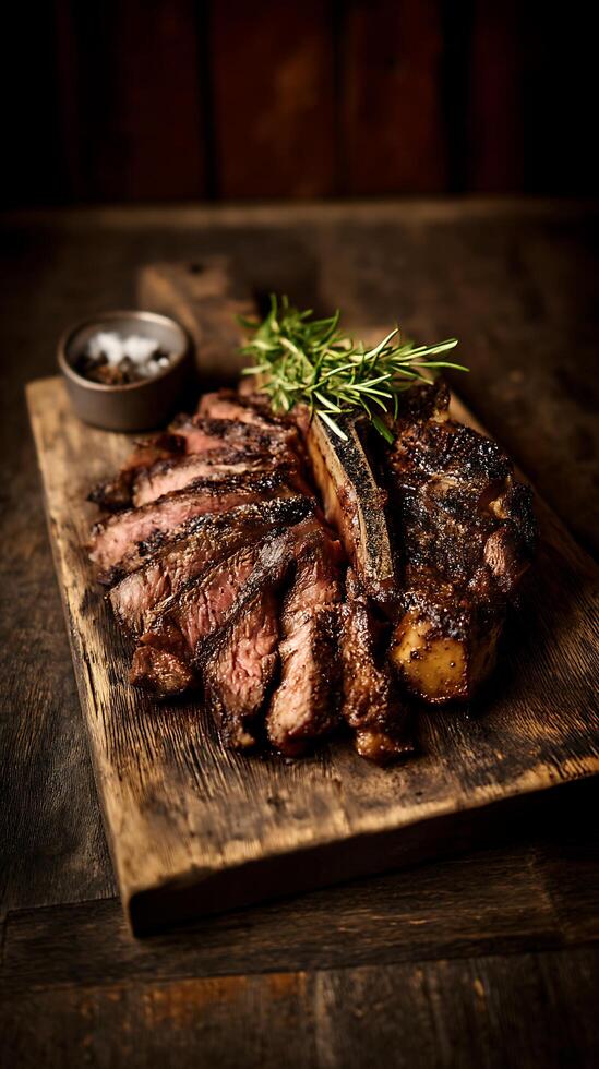 Sliced Tomahawk Steak on Rustic Wooden Board. A mouthwatering close up of a perfectly grilled tomahawk steak, seasoned and ready to be served. photo