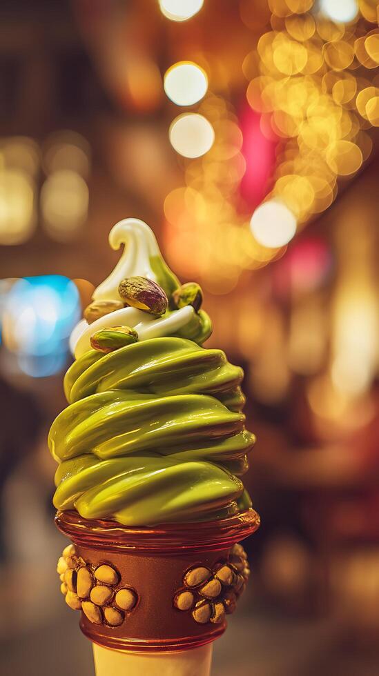 Close up of a Delicious Pistachio and Vanilla Swirl Ice Cream Cone at Night. photo