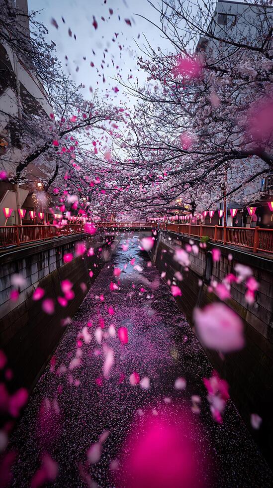 Cherry Blossom Petals Falling on Canal Water in Japan. A stunning image of pink petals floating on a canal, surrounded by blossoming cherry trees. photo