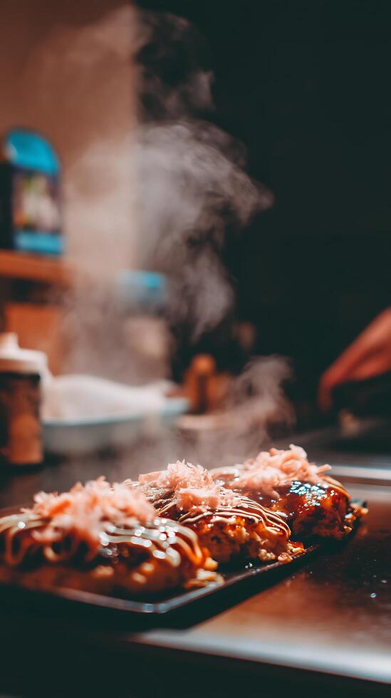 Steaming Hot Okonomiyaki on a Griddle Close Up of Japanese Savory Pancake. photo