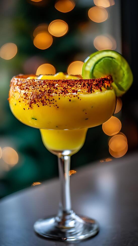 A Refreshing Mango Margarita Cocktail with Spicy Rim, Garnished with Lime. photo