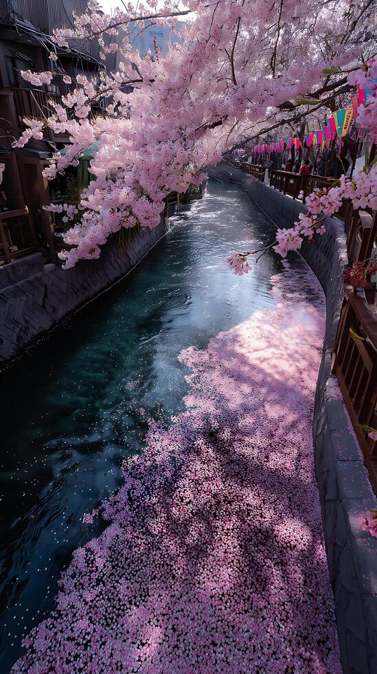 Cherry Blossom Petals Floating on Canal Water in Japan. A picturesque scene of pink cherry blossom petals covering a canal's surface. photo