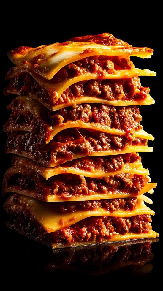 A Delicious Stack of Lasagna Layers, Close Up View of Classic Italian Cuisine. photo