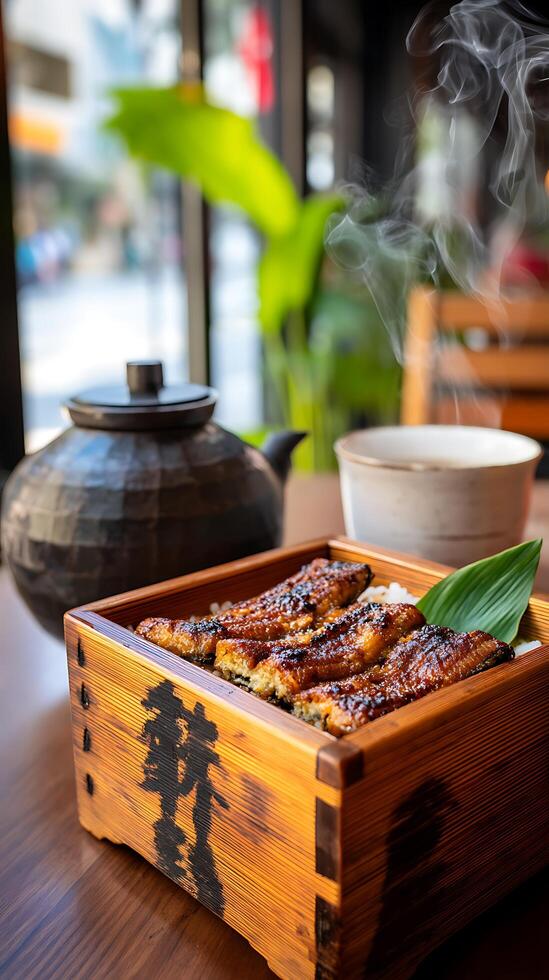 Steaming Unagi Don in a Traditional Wooden Box. A close up view of a delicious Japanese eel dish served on rice. photo
