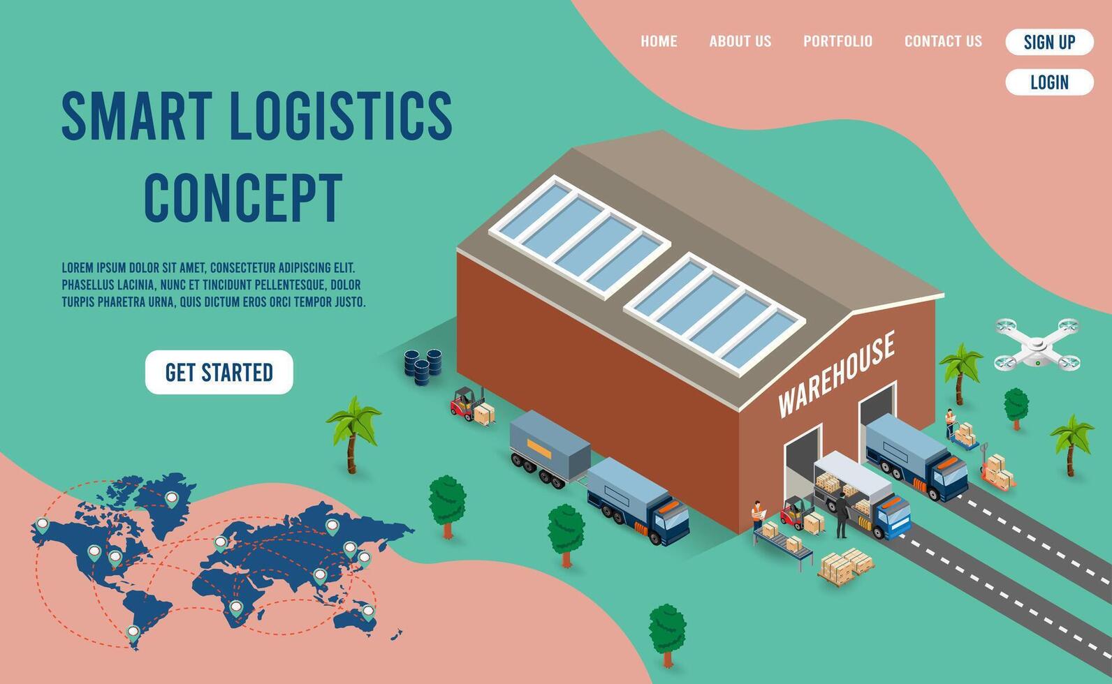 Smart logistics warehouse with delivery trucks vector