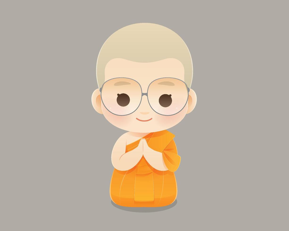 Adorable young novice monk kneeling. vector