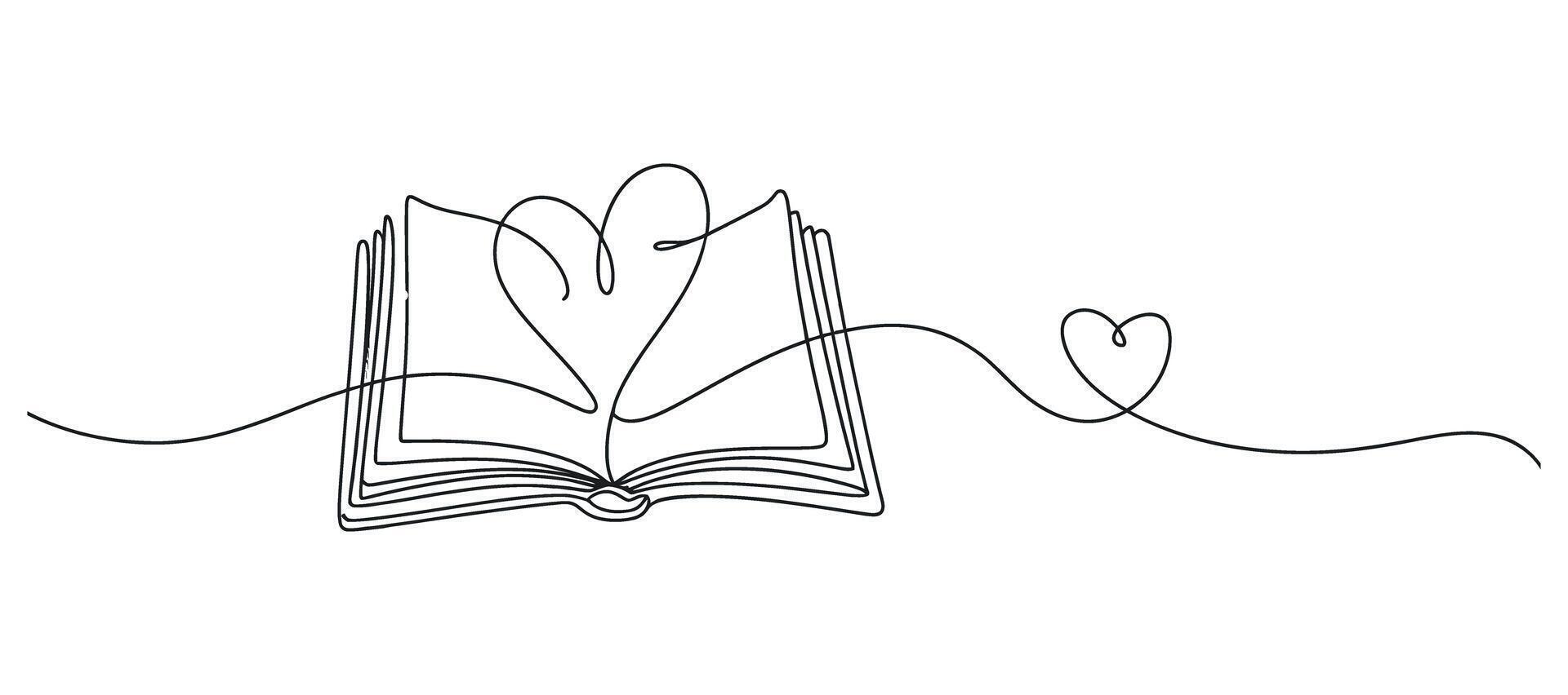Continuous Line Drawing of Open Book and Heart Shapes Symbolizing Love for Reading Education and the Power of Stories in a Minimalist Style vector
