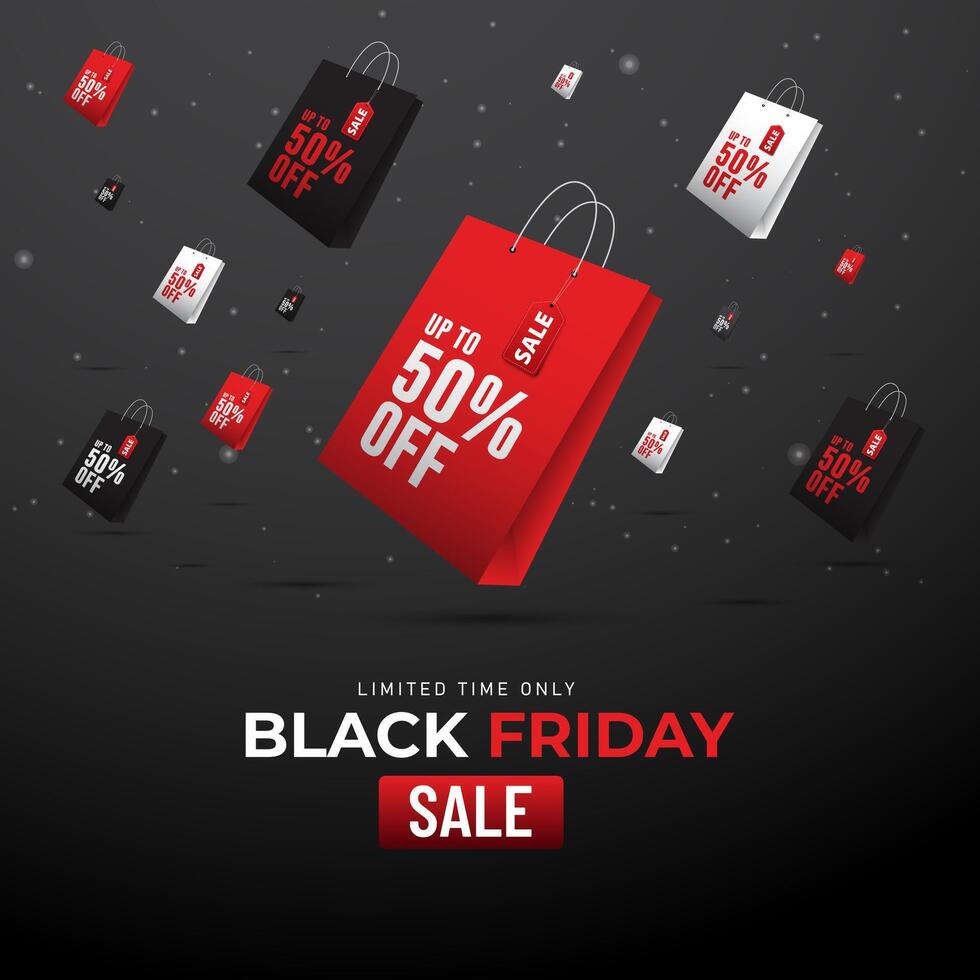Black Friday Banner Discount Up To 50 Percent Off Text Banner With Red, White, and Black Shopping Bags For Black Friday Holiday vector