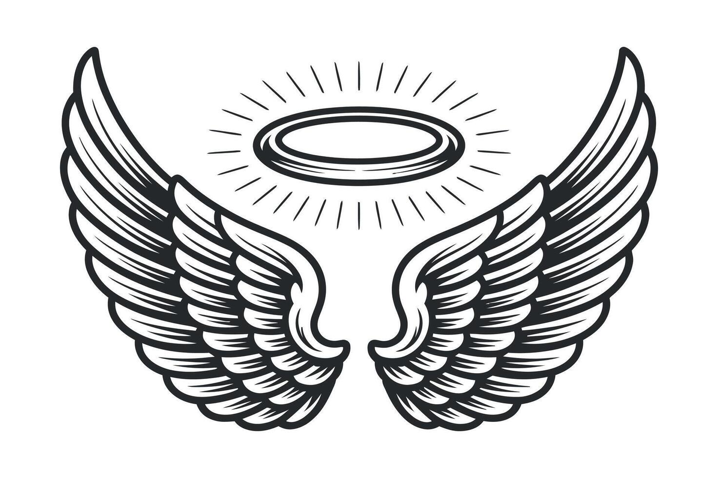 Elegant Angel Wings with Halo Illustration Symbol of Spirituality Religion and Divine Protection Perfect for Graphic Design and Tattoo Art vector