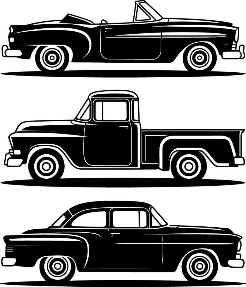 Three Classic American Cars in Black and White Silhouette Style A Convertible a Pickup Truck and a Sedan Representing Automotive History vector