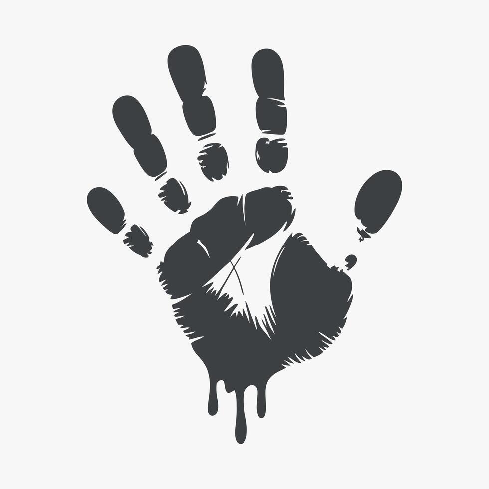 Distressed Handprint with Dripping Paint Effect Dark Gray Silhouette on White Background Spooky Grunge Halloween Crime Scene Illustration Isolated vector
