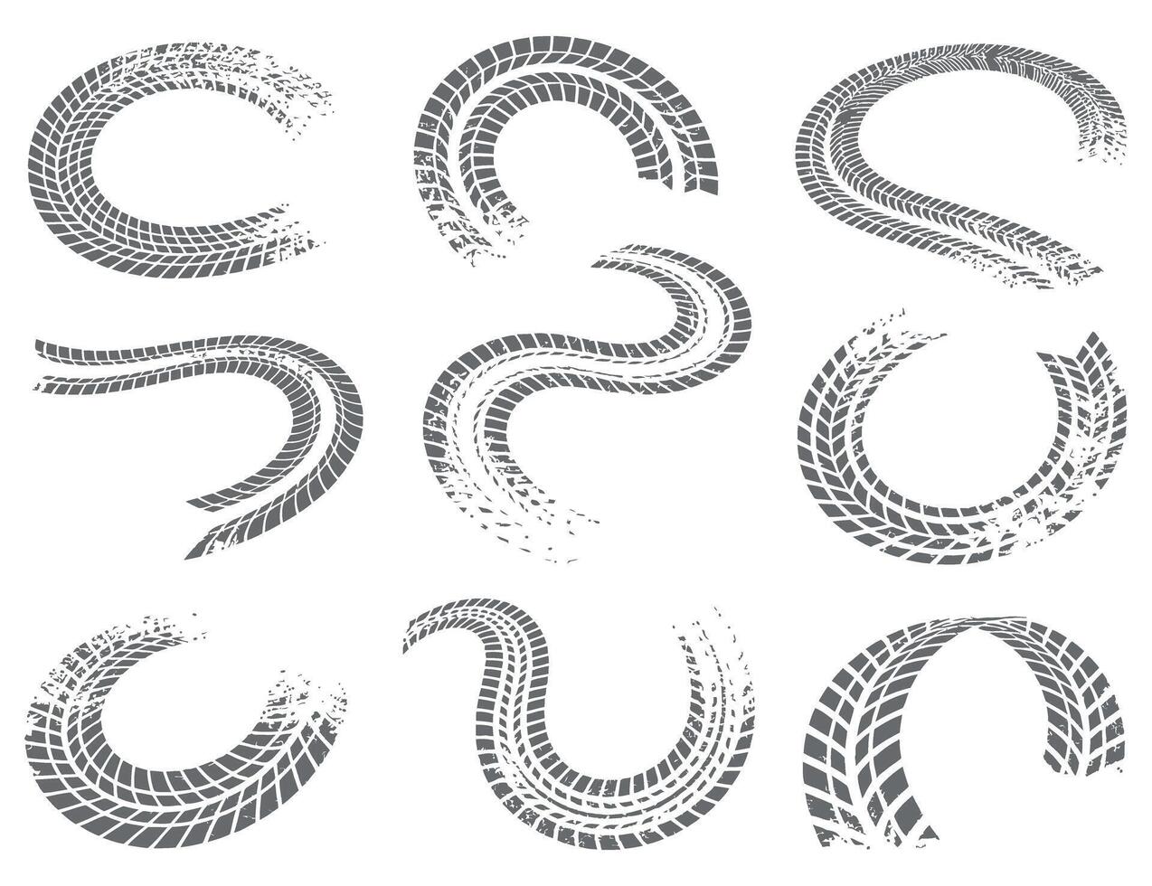 Collection of Gray Tire Track Illustrations on a White Background Perfect for Automotive Racing or Transportation Themed Design Projects and Creative Compositions vector