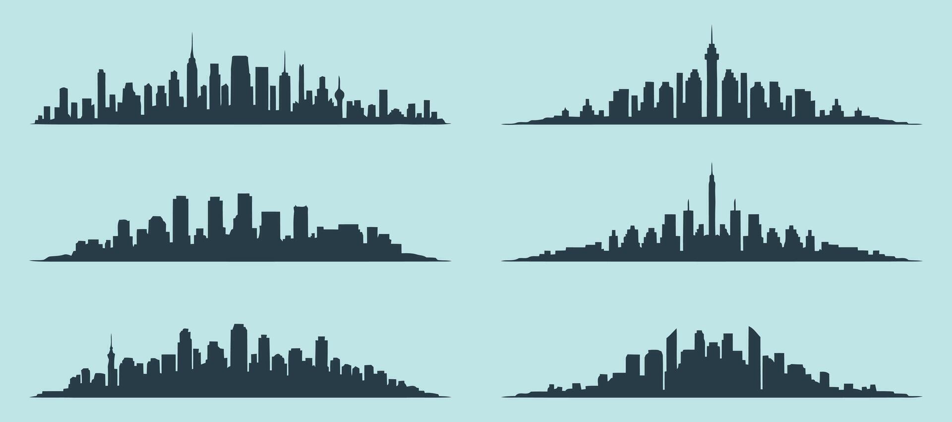 Six Cityscape Silhouettes with Varying Skyline Designs in Dark Gray Against a Light Blue Background Representing Urban Environments and Architectural Diversity in a Minimalist vector