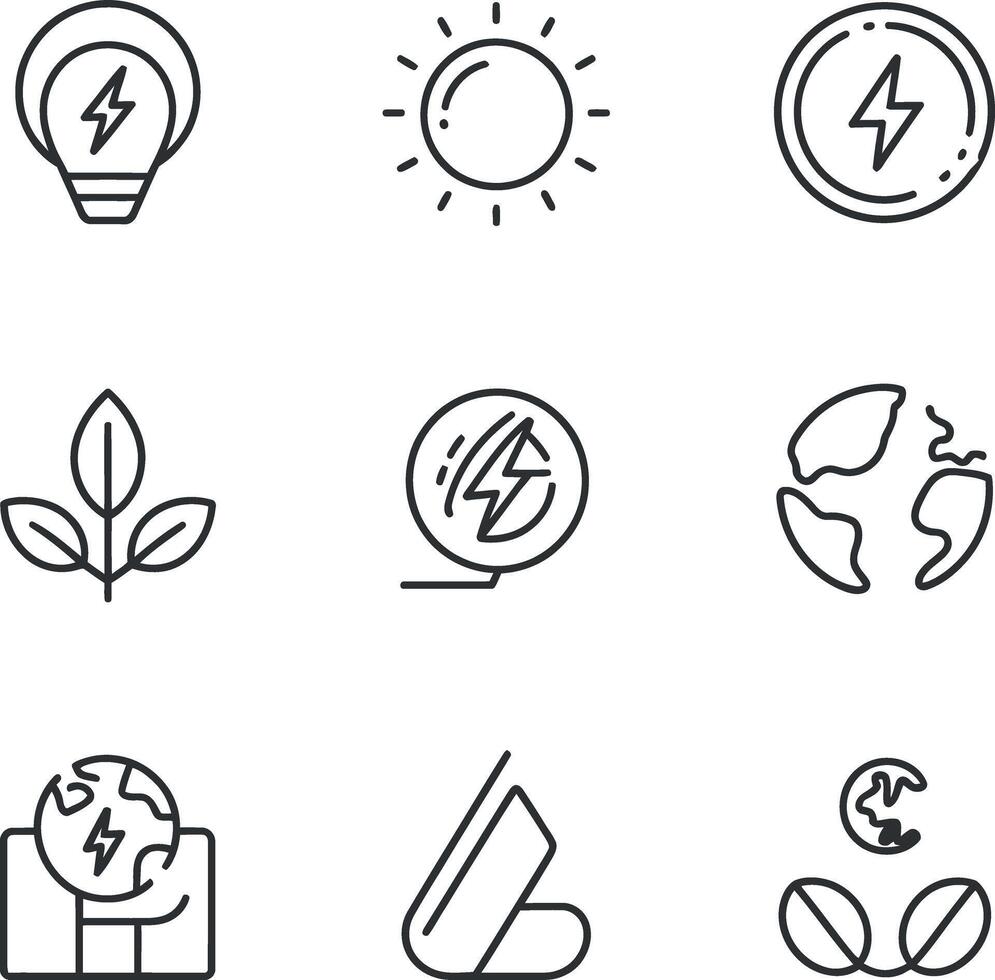 Renewable Energy and Sustainability Icons Set in Line Style Featuring Sun Lightbulb Leaves Solar Panel Battery and Globe for Eco Friendly Solutions vector