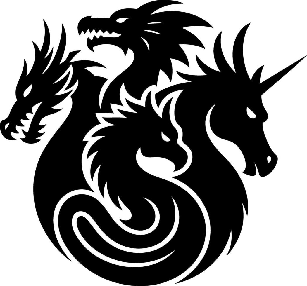 Four Headed Dragon Hydra Unicorn Silhouette Illustration in Black and White Fantasy Creature Emblem Mythical Beast Symbol Tattoo Design Graphic vector