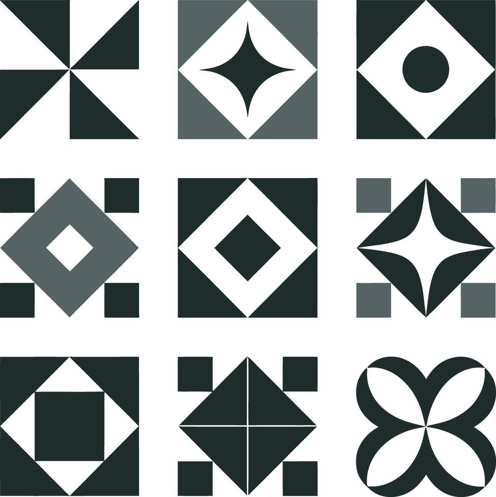 Collection of Nine Geometric Tile Designs in Shades of Gray Featuring Squares Triangles Circles and Star Shapes on a White Background vector