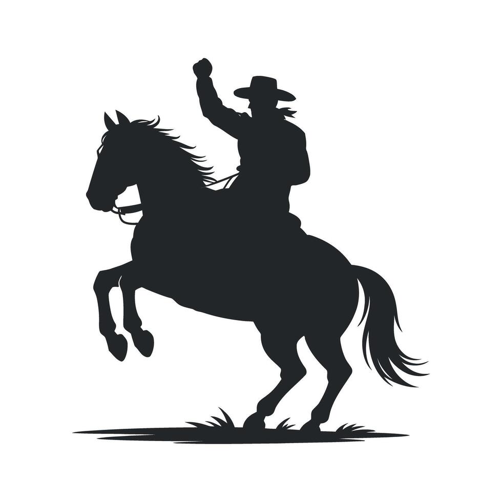Silhouette of Cowboy Riding a Rearing Horse with Fist Raised in Victory Western Symbolism and Equestrian Spirit Isolated on White vector