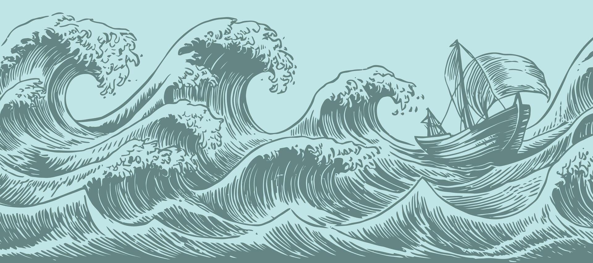 Hand Drawn Ocean Waves Illustration in Pale Blue and Gray Nautical Theme Sea Water Storm Tsunami Graphic Design Element vector