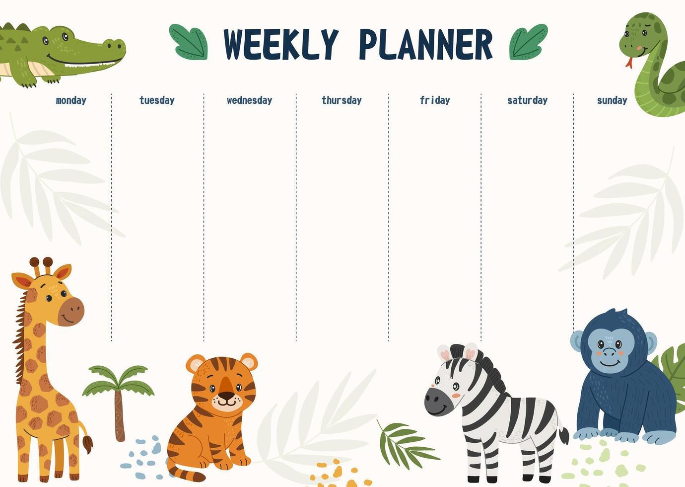 Kids weekly planner with animal characters vector