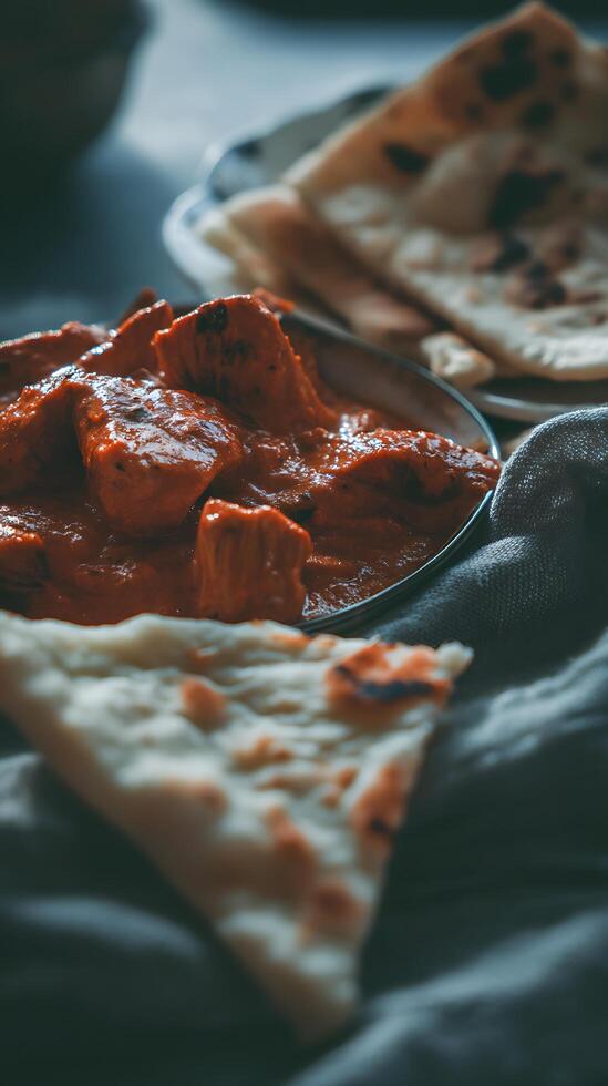 Close up of Chicken Tikka Masala with Naan Bread. A delicious Indian dish ready to be enjoyed. photo