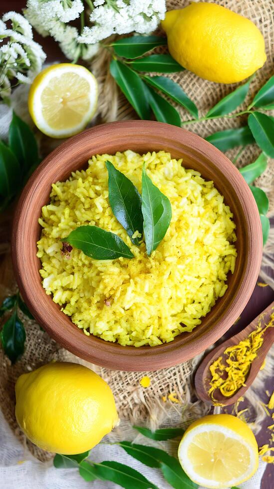Aromatic Lemon Rice in a Clay Bowl A Vibrant and Flavorful Dish. photo