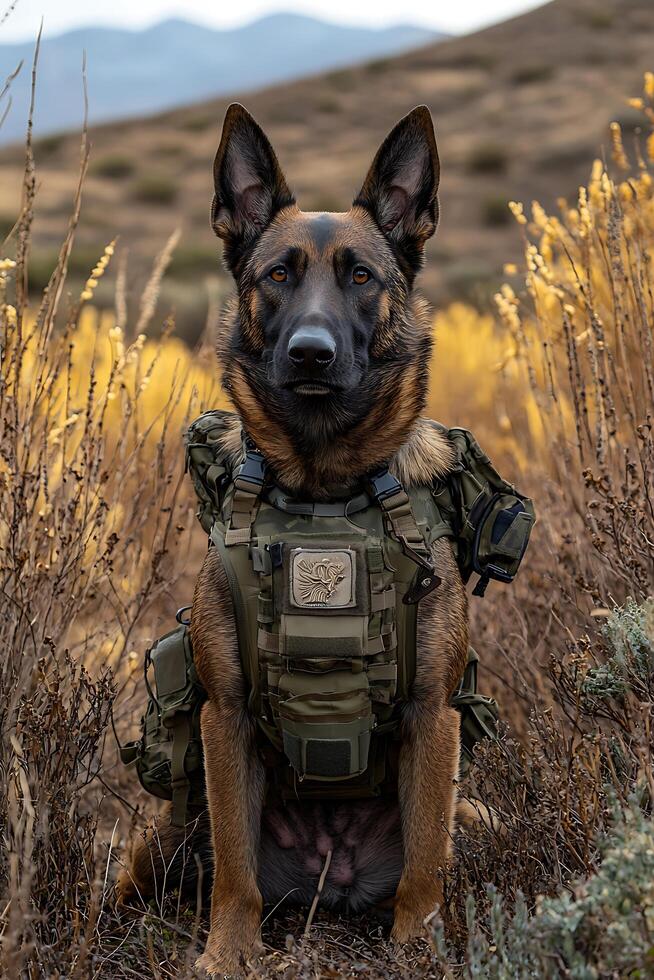Belgian Malinois Dog in Tactical Gear Outdoors. A loyal and courageous canine wearing military-style equipment, ready for action in a scenic, natural environment. photo
