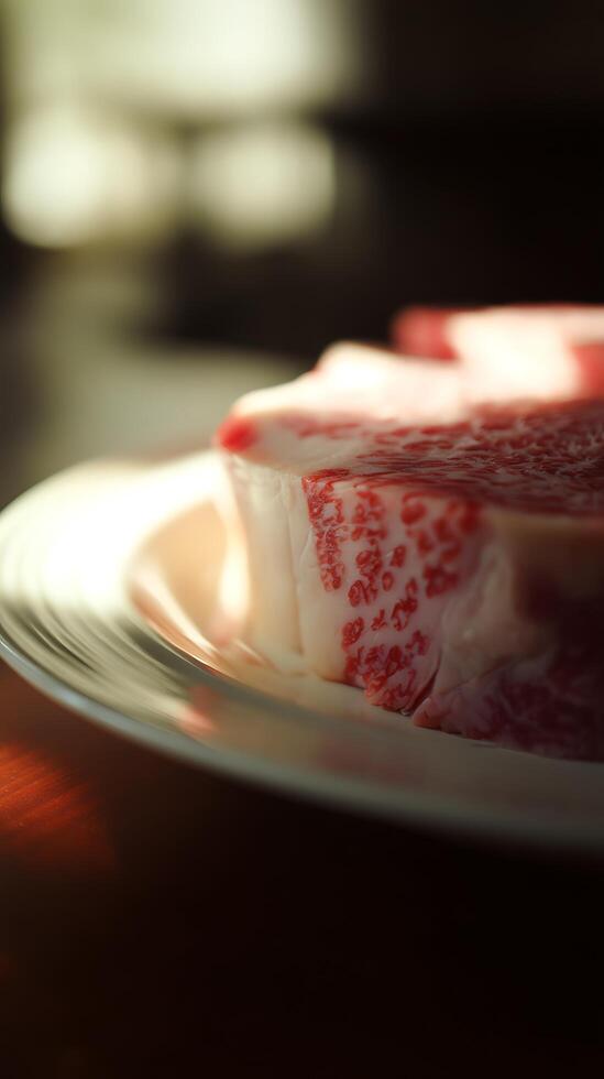 Close up of Raw Marbled Beef Steak on a Plate. photo