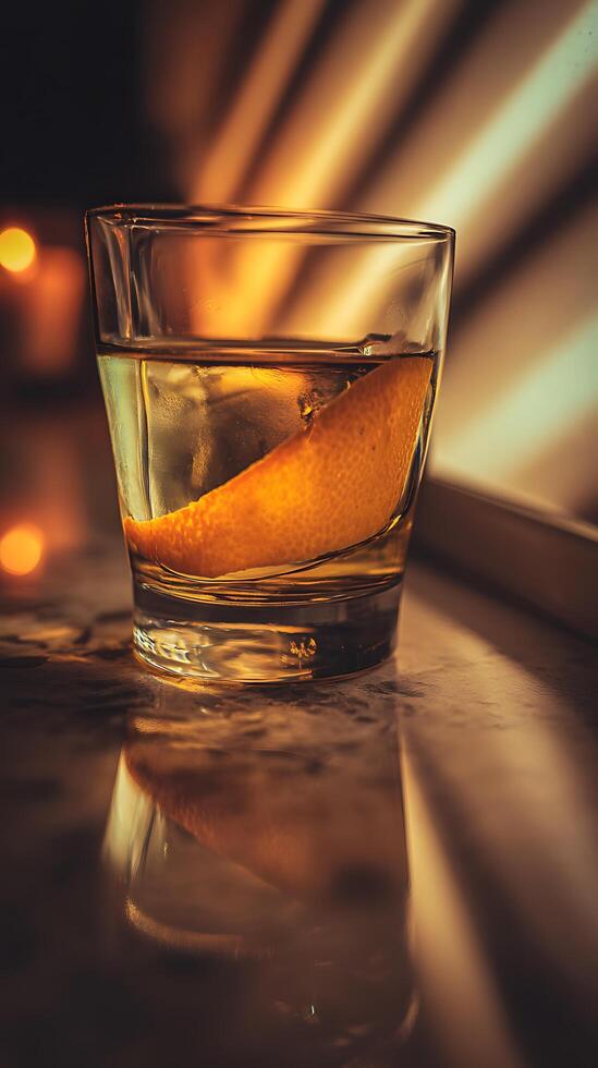 Golden Hour Whiskey Cocktail Close up of an Old Fashioned. photo