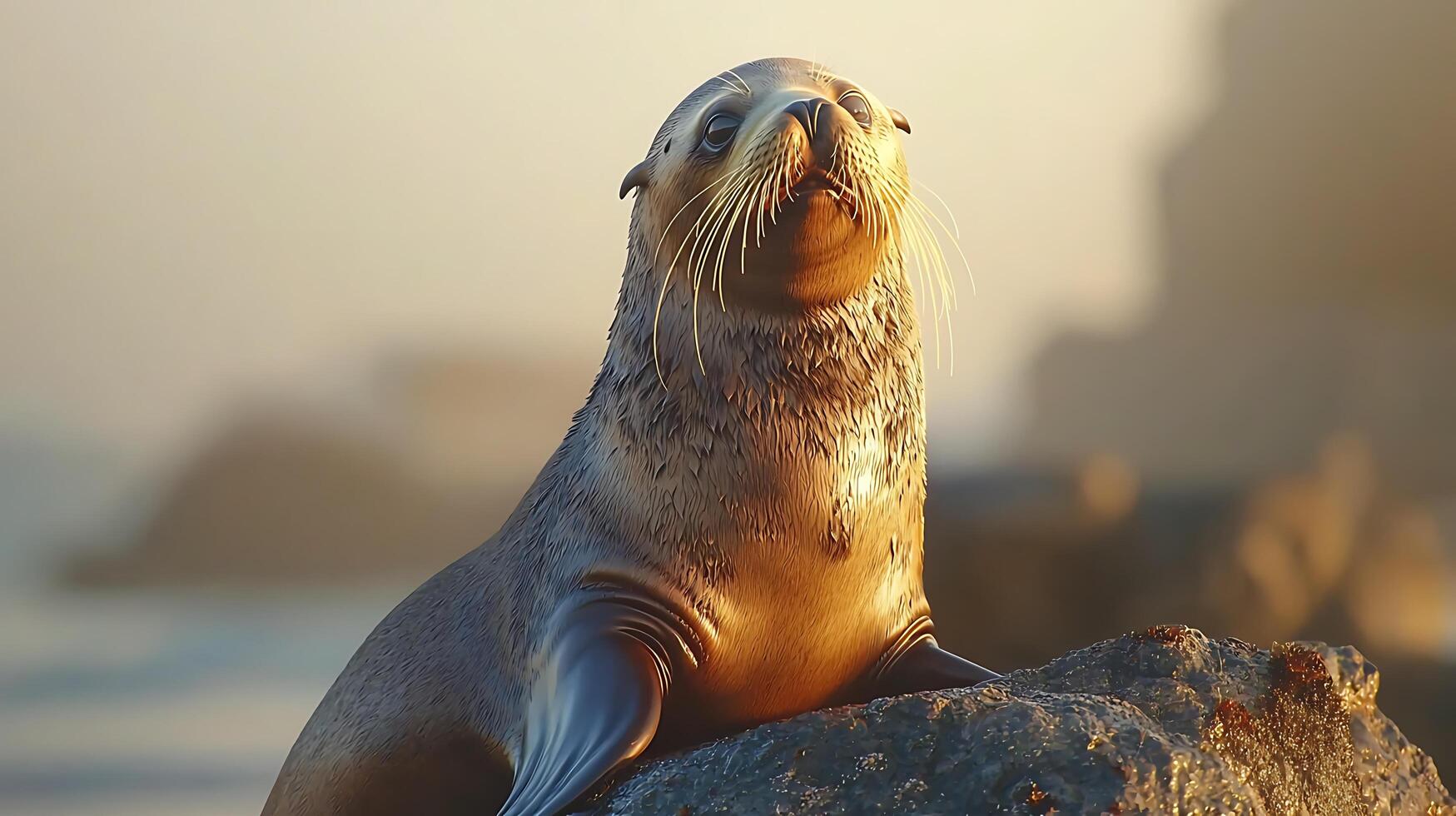 Golden Hour Sea Lion A Majestic Marine Mammal Resting on Rocks. photo