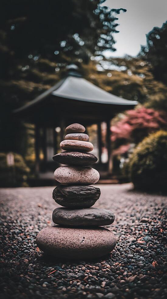 Serene Stone Stack in a Tranquil Japanese Garden. photo
