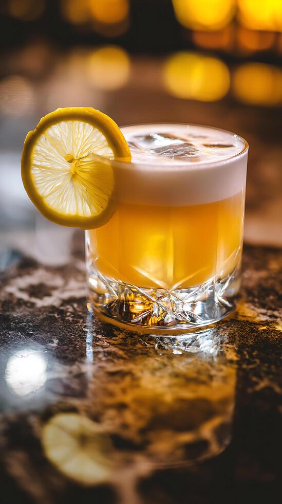 Refreshing Whiskey Sour Cocktail in a Rocks Glass with Lemon Garnish. photo