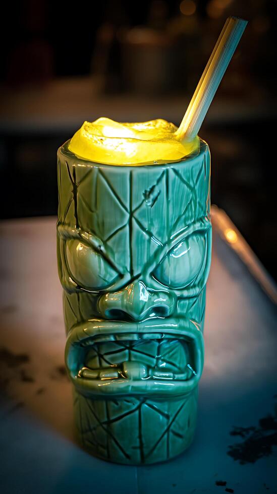 Tiki Mug Filled with Illuminated Cocktail. A close up shot of a green tiki mug containing a vibrant yellow cocktail, lit from within. photo