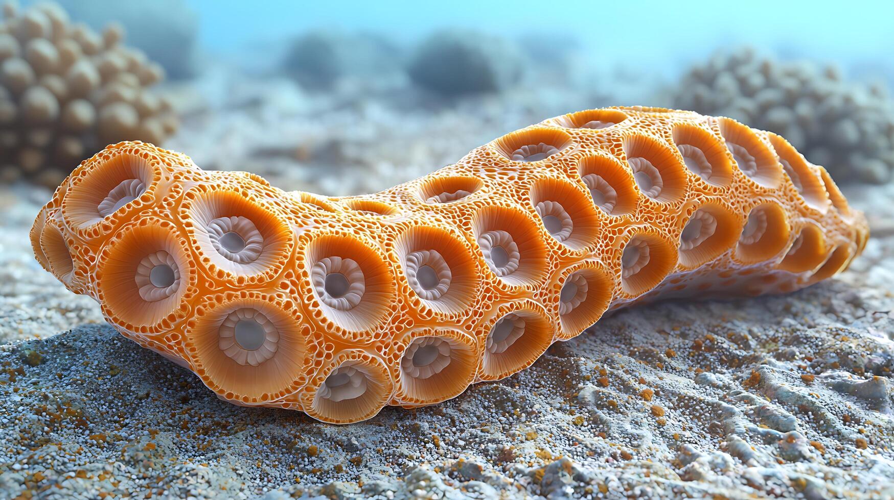 Intricate Orange Coral Structure on Ocean Floor. A detailed close-up of a unique coral formation in its underwater habitat. photo