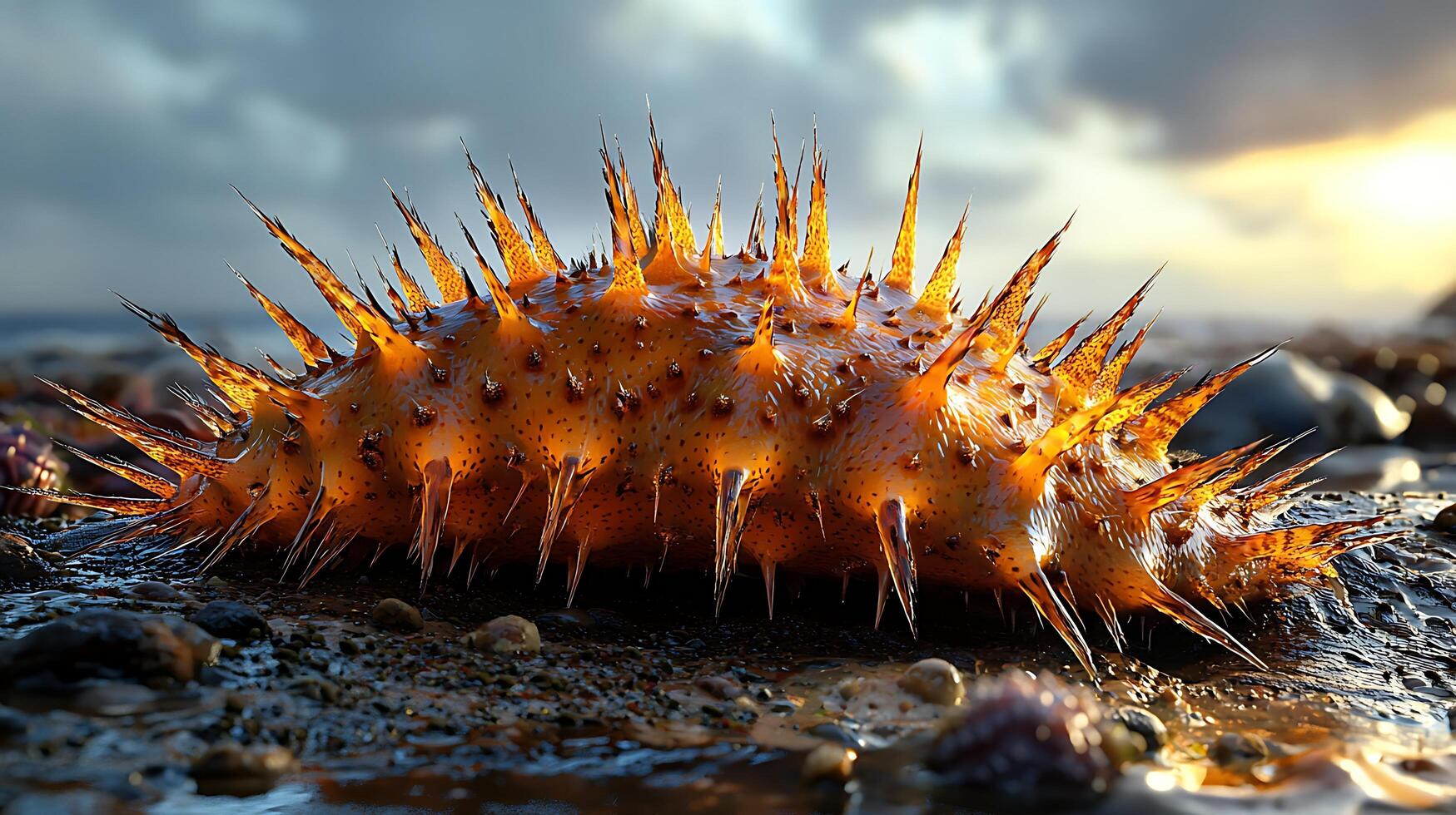 Luminous Sea Creature on Rocky Shore at Sunset. A stunning close-up of a spiny marine animal basking in the golden light of the setting sun. photo