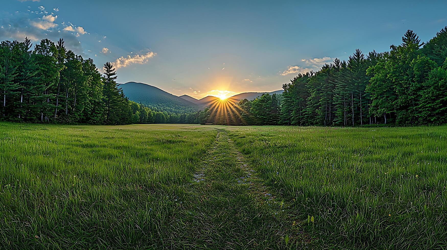 Serene Sunset over Mountain Meadow A Path Through Lush Grasslands. photo