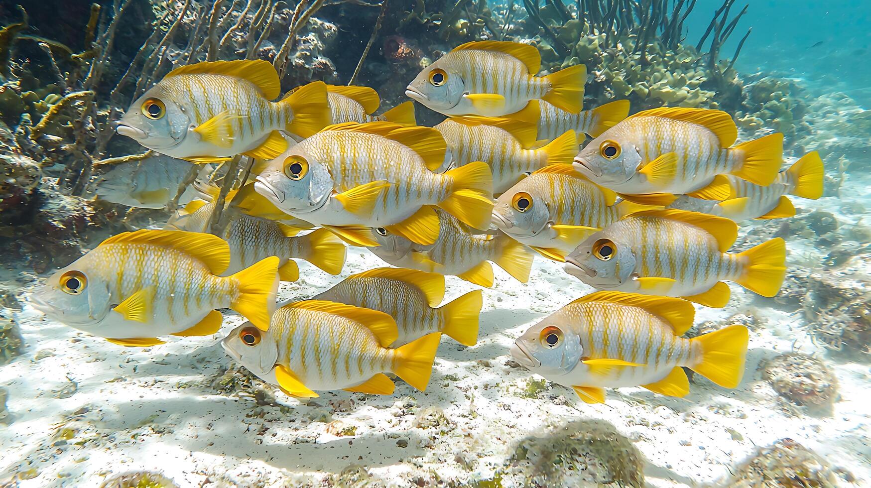 A School of Yellowstriped Grunts Swimming in a Coral Reef. These vibrant fish are a beautiful sight to behold in their underwater habitat. photo