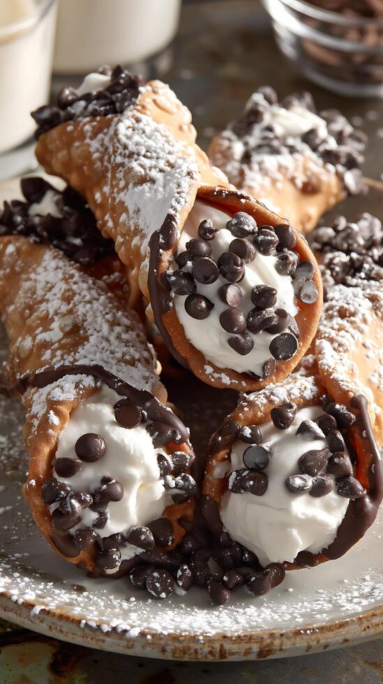Close Up of Delicious Cannoli with Chocolate Chips and Cream. A tempting image perfect for food blogs, magazines, and culinary websites. photo