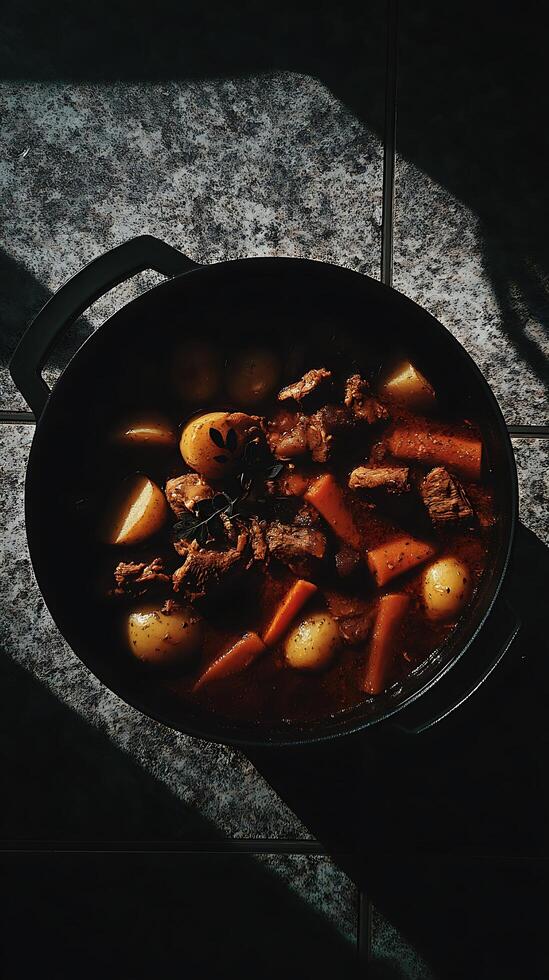 Aromatic Beef Stew in Cast Iron Pot A Culinary Delight. photo