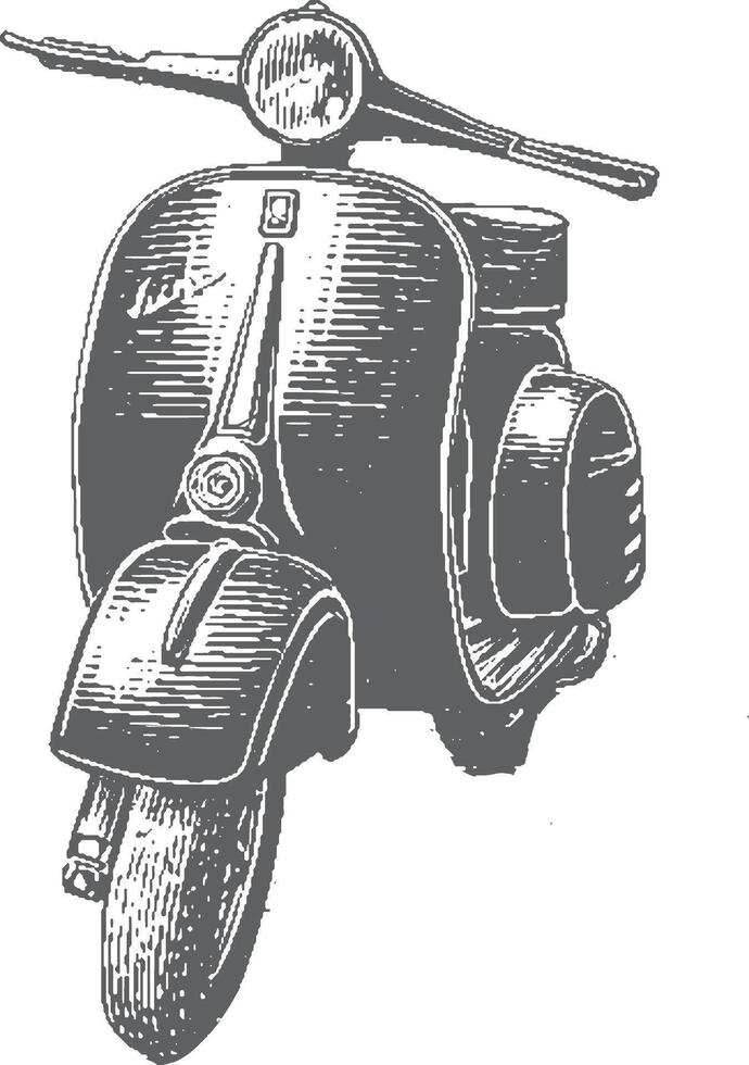Vintage scooter as a classic Italy symbol, in monochrome style. Black and white illustration with retro handdrawn details. vector